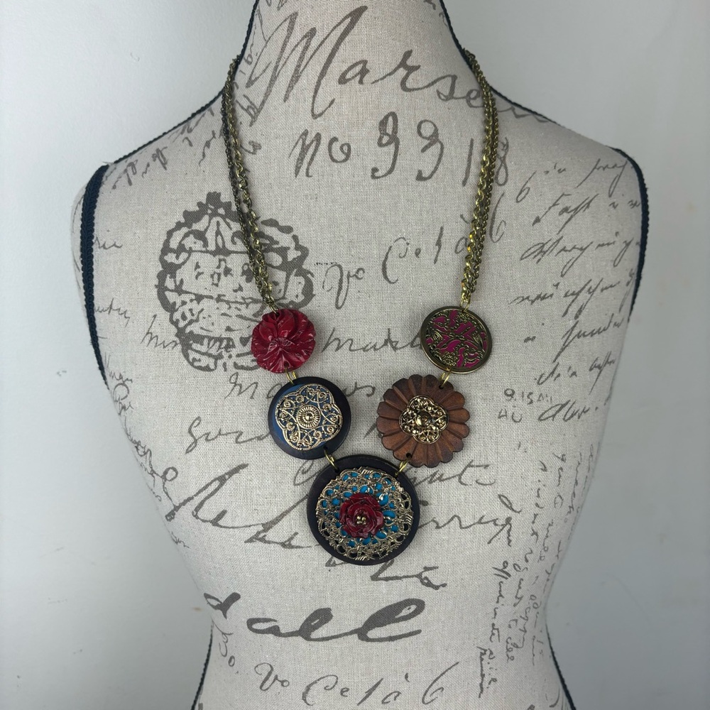 Woman’s Statement Necklace/button floral colorful/unique